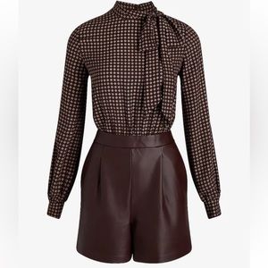 Express faux leather tie neck long sleeve romper with tags still on